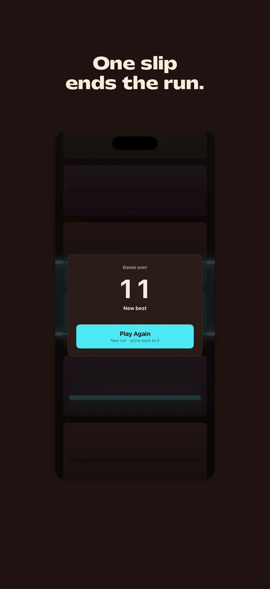 Overscroll. Game over at 11, with a New best panel and Play Again.
