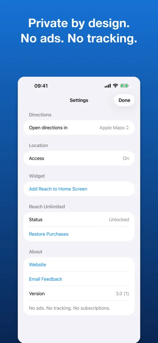 Reach — Private by design; addresses stay on device