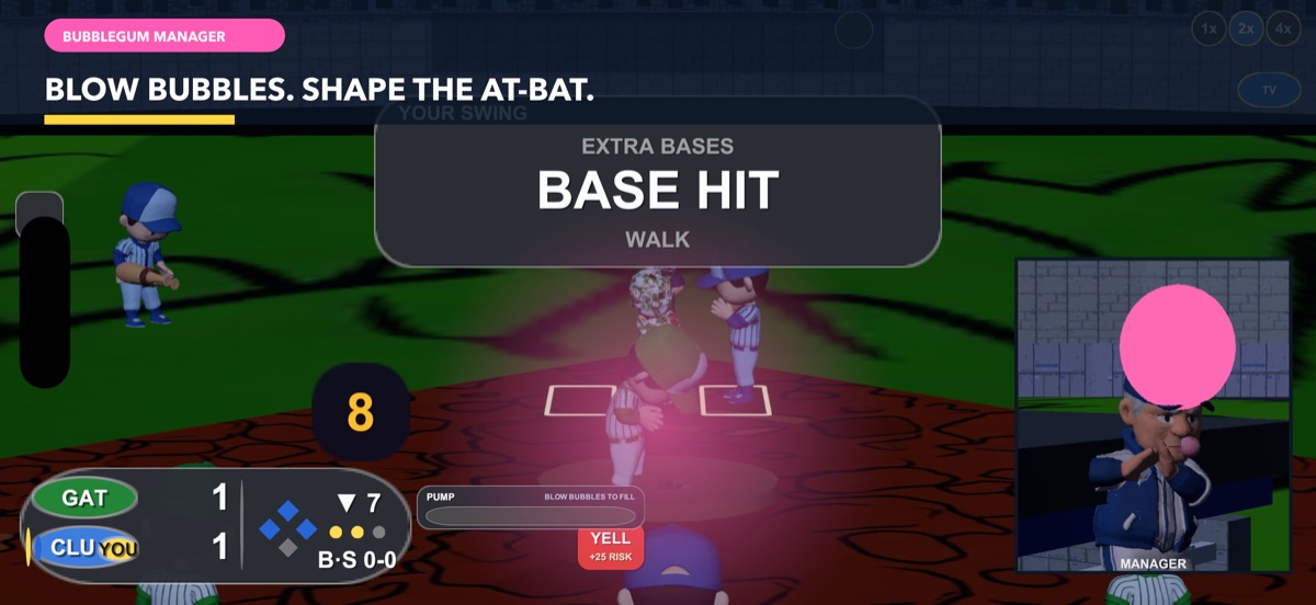 Bubblegum Manager — Hold to blow bubbles and shape the next at-bat