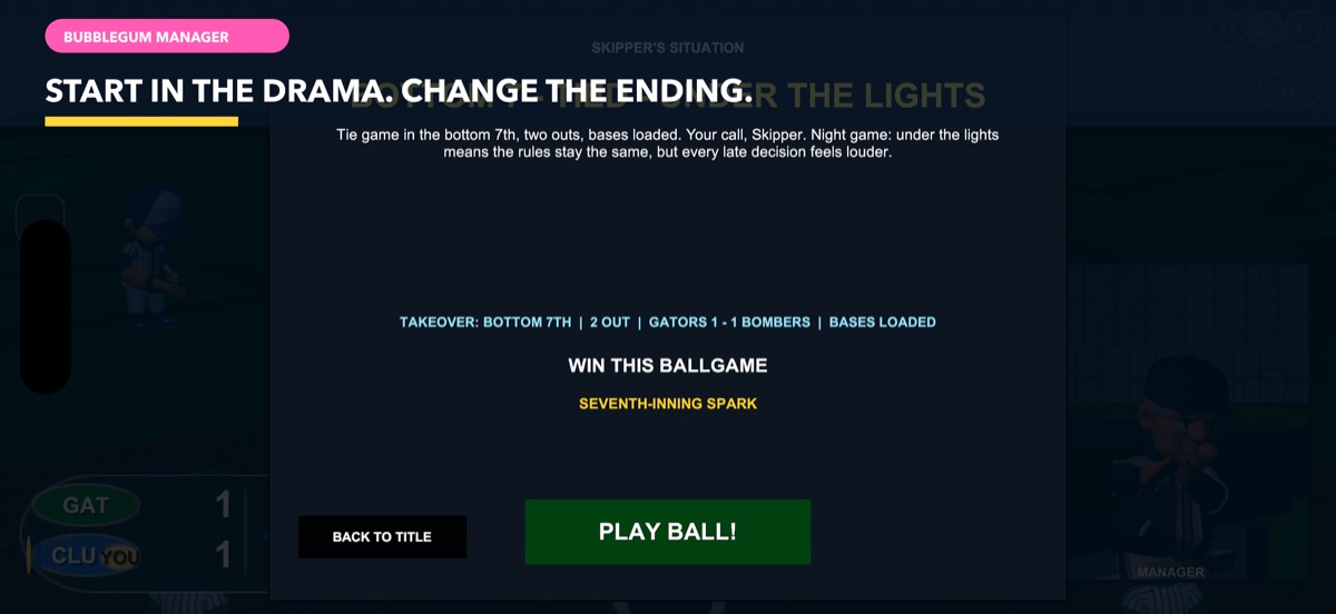 Bubblegum Manager — Late-inning drama start screen